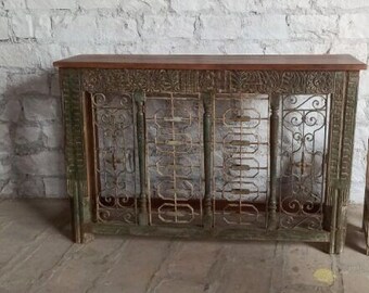 Iron Jali Carved TV Media Console Table, Ornate Green Carved Console, Entryway Table, Hallway, Sofa Accent Table, NEW SHIPMENT 64x42
