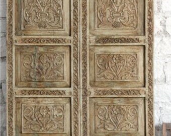 Pair of Indo French Doors, Floral Carved Doors from India, Vintage Barn Door, Hinged, Interior, Bifold, Carved Sliding Door Panel, 78x21