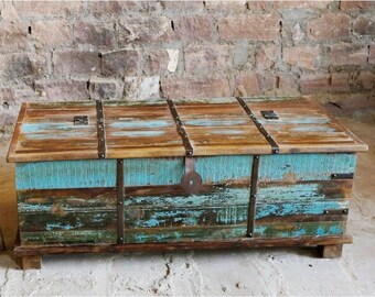 Antique Indian Trunk Chest Coffee Table Hope Chest Storage FARMHOUSE Rustic Unique Eclectic
