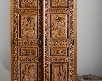 Vintage Rustic Tall Statement Cabinet, Antique Anglo-Indian Carved Teak Armoire, Organic Cabinet, Farmhouse Storage Cabinet, 82x41