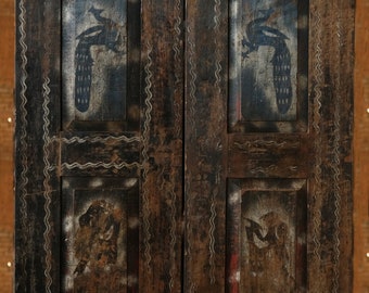 Antique Dark Brown Krishna Peacock Painted Indian Door Panels, Interior Doors, Artisan Teak Wood Door Panels Rustic Farmhouse Doors
