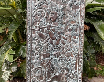 Vintage Krishna Carved Barn Door, Dark Woods, Indian Wall Decor, Custom Doors, Ornate Accent Wall, Yoga Decor, Unique Eclectic 84