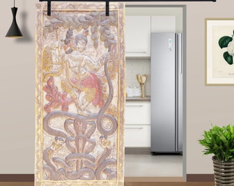 Vintage Carved Door Panel, Krishna Dance on Snake Barn Panel, Artistic Elements, Hand Carved Wall Sculpture Panel 72x36