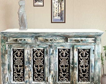 Rustic Jali Sideboard | Antique Teak Wood Door Credenza | Unique Repurposed Old Door Buffet | Ranch Style Spanish Country