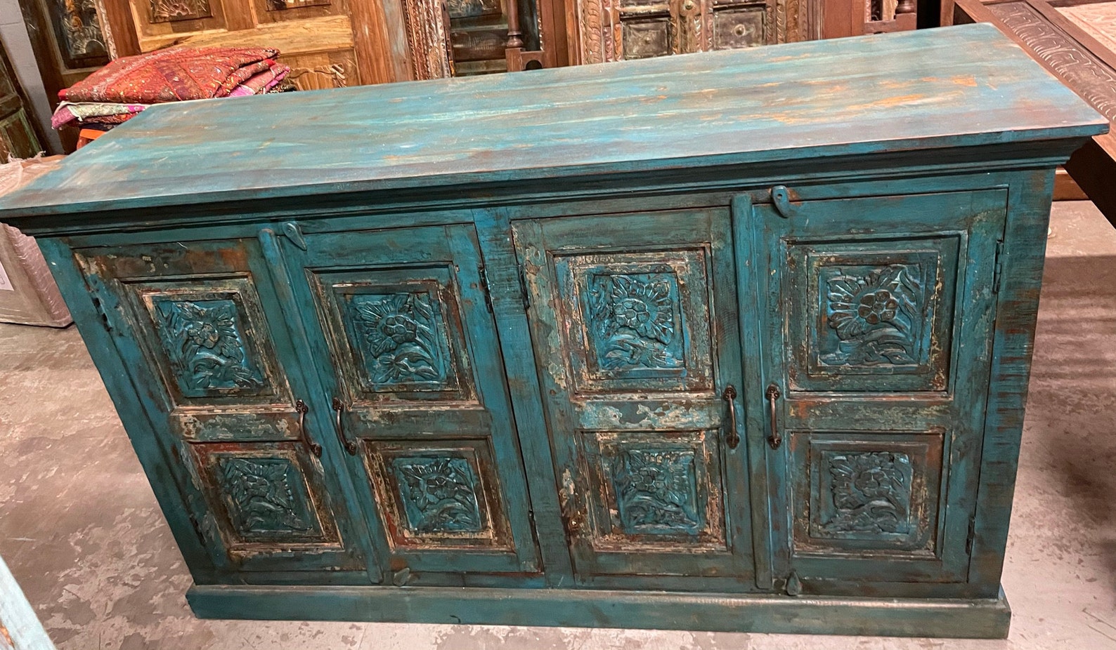 Vintage Rustic Blue Sideboard Carved Wood Console Buffet Etsy