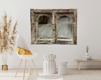 Indian Jharokha Mirror, Two Arch Carved Wooden Mirror, Rustic White Mirror, Intricately Carved Indian Wall Mirror wooden mirror frame, 26x44