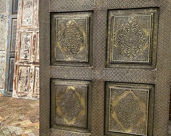 Indian Brass Carved Door Panel, Reclaimed Wood, Burnished Brass, Pantry Door, Indian Sliding door, Architectural Interior Design 80x36