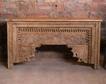 Vintage Rajwada Carved Brown Hues Mantle, Rustic Console Table, Hall Table, Sofa Table, Media Console Table Stunning Statement Decor 67x36