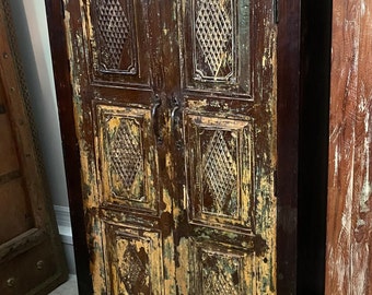 Antique Indian Teak Painted Armoire, Rustic Hall Cabinet, Carved Storage Cabinet, Cottage Farmhouse Decor Furniture