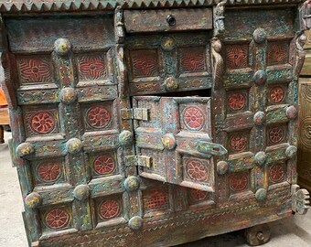 Rustic Blue Carved Chakra Jaipur Trunk, Antique Indian Manjoosh, Hope Chest, Solid Reclaimed Wood, Vintage Bar Cart, Wine Chest On Wheels