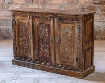 Whitewash Dresser with Brass Studs, Versatile Sideboard, Carved Floral Buffet, Vanity, Kitchen Island, Rustic TV Credenza, 52 NEW SHIPMENT