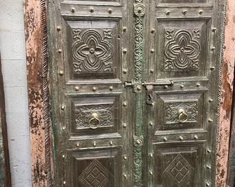 Antique India Door Pair, Blue Teak Brass Cladded Iron Doors, Metal Studs Rustic Doors, Bedroom Doors, Eclectic Design 77x41