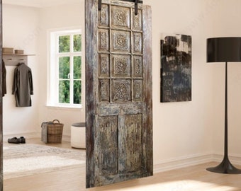 Carved Wood Sliding door, Vintage Barn Door, Old World Distressed Reclaimed Wood, Bedroom Doors, Farmhouse interior 81x36