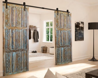 2 Vintage Sliding Barn Door, Rustic Wall Art, Artistic Barn Doors, Pair, Carving Door Panel, Yoga Interior Design 96x36