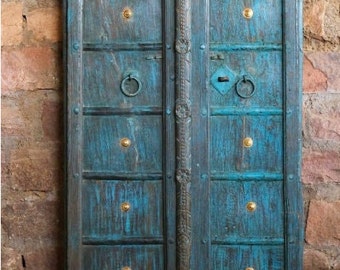 Antique JAIPUR DOOR, Eclectic Unique, Blue BarnDoors, Farmhouse Teak Doors, Spanish Country Decor 80x31 Inches
