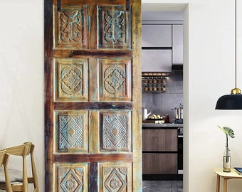Hand Carved Wood Door, Custom Doors, Sliding Barn Door, Vintage, Paneled, Statement Doors, Interior, Bedroom, Studio, Eclectic Decor, 84x36