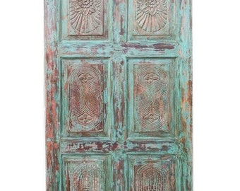 Boho Vintage Doors, Turquoise Distressed Door Panel, Handcarved Barn Doors, Sliding Door Architectural Home Decor 80x36