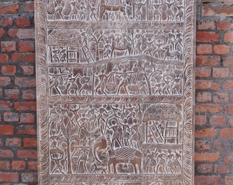 India Bastar Vintage Reclaimed Wood Panel Tribal Hand Carved Rustic Decor, Village Story Wall Art Sculpture Panel 84