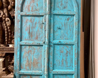 Antique Indian Carved Door, Teak Wood Door, Distressed Blue Doors, Vintage Teak Doors, Rustic Garden Doors, Exterior Barn Doors, 87x46