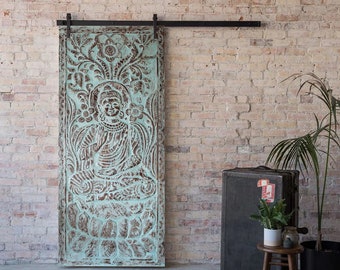 Bluewash Carved Budha Barndoor, Wall Art, Custom Sliding Barn Door, Serene Buddha & Blooming Lotuses, Artistic Sculpture, Wellness 83x36