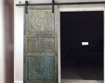 Vintage Blue Floral Carved Barn Door, Indian Reclaimed Wood Artisan Carved Hand Carved Barndoor, Rustic Architectural Farmhouse Door 80x36