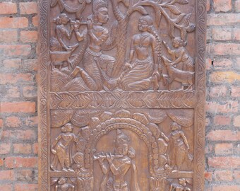 Vintage Krishna Radha Carving  Door Panel Hand Carved Wall Sculpture,Wall Panel,Barn Door Panels 84x36