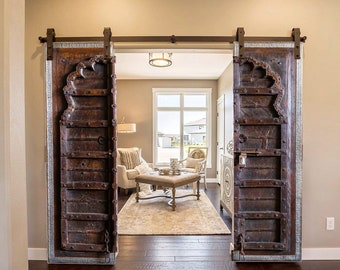 Antique OLD Double door, Scalloped Wooden door, interior exterior door, Bedroom door, Moorish brown carved wrought iron door 80x44