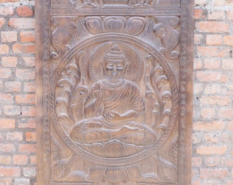 Buddha Wall Art, Vintage Hand Carved Door Panel, Buddha Wall Hangings, Buddha Relief Panel, Barn Door Sculpture 84x36