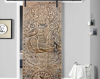 Budha Wall Sculpture, Earth Touching Buddha Carved Barndoor, Artistic, Unique Eclectic, Custom Barn Door, Sliding Barndoor, 84x36