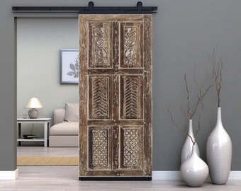 Unique Barn door, Whitewash Carved door, 6 Paneled Barn Door, Double or Single, Sliding Door, Organic Nature Interior Door, 80x30