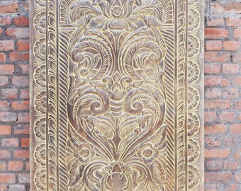 Yellow Vintage Carved Barn Door, Tree of Life Sculpture, WALL Relief Panel, Kalpavriksha, Wall Art Eclectic Interior Design 84X40