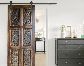 Copper Studded Iris Carved Barn Door Panel, Bedroom Door, Vintage Blue Eclectic Reclaimed wood artistic Statement Doors 7'x3'