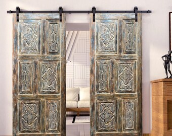 Vintage Carved Barn Door, Natural Earthy wood Floral Hanging Door, Custom Sliding Door, Ornate Bedroom Door, Ranch Country, Eclectic 80x36