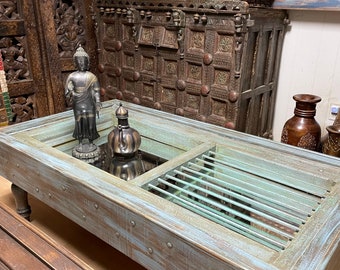 Jali Door Coffee Table, Rustic Indian Door Coffee Table, Boho Chai Table, Distressed Green Accent Table Unique Eclectic