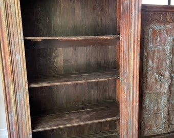Vintage Tall Storage Bookshelf, Reclaimed Wood Carved Bookshelf, Blue Hues, Cowrie shells, Unique Eclectic Decor