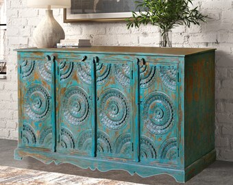 Rustic Credenza, Distressed Blue Carved Sideboard, Spanish Style Buffet, Farmhouse Cabinet Storage, Country, Eclectic Boho Chic Decor, 71x38