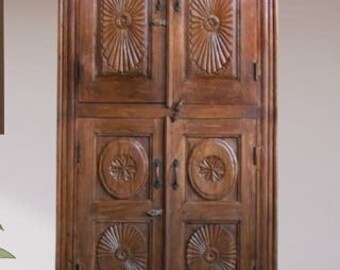 Antique Rustic Armoire, Surya Carved Wine Cabinet, Teak Wood Storage Cabinet, Unique Eclectic, Country Farmhouse Cabinet, 74"