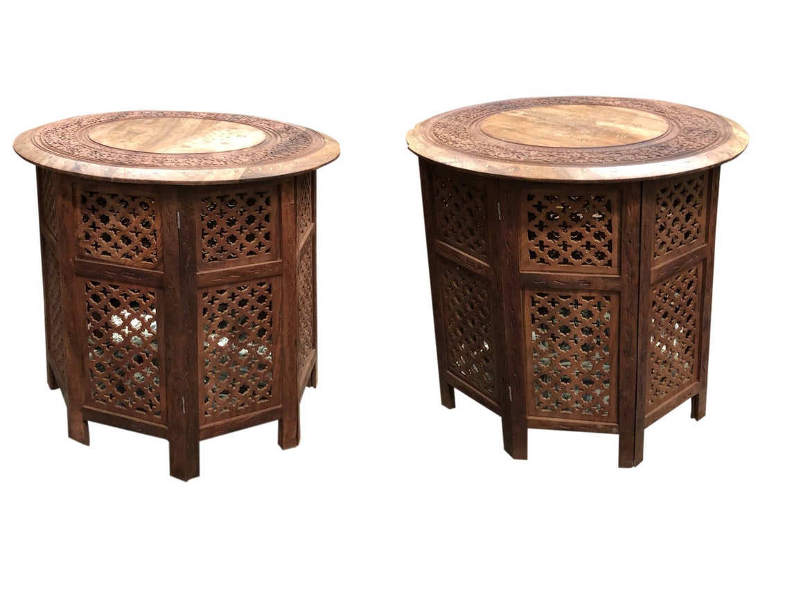 Lovely Pair Side Round Tables Lattice Carved Wood Accent Table Etsy