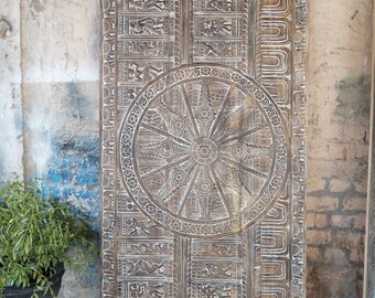 Vintage Carving Sundial Carved Headboard, Queen, King, Custom, Hand Carved, Wall Sculpture, Studio, Eclectic, Boho Shabby Chic Decor