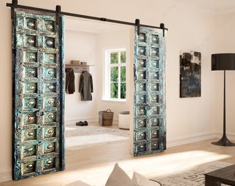 Elegant Haveli Antique Indian Barn Doors, Blue Patina Door, Rustic Door With Brass Detailing Unique Doors, Architecture Garden Door 19c