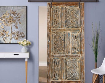 Vintage Shabby Chic Carved Door, Floral Carved Barn Door, Blue Hues Artistic Solid Wood Door, Double or Single Sliding Doors, 80x36