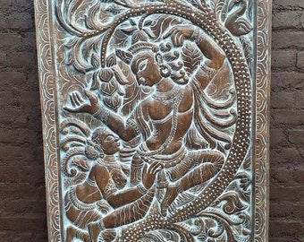 Vintage Door Panel, Krishna Radha Carving Barn Door Panel, Hand Carved Wall Sculpture, Indian Art Panels, Artistic Elements