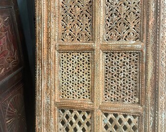 Rustic Carved Jali Window, Russet Vintage Wall Art, Window, Carved Indian Jharokha, Patio Decor, Rustic Tuscan Hues, Handcarved Interior