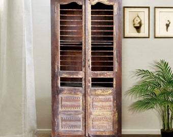 Antique Indian Cabinet, Wine Cabinet, Jali Armoire, Rustic Whitewash Jali Cabinet, Farmhouse Kitchen Armoire, Eclectic Interior, 85