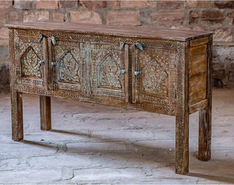 Rustic Media Console Table With 4 Doors, Entryway Table, Blue Hues, Brass Studs, Reclaimed wood, TV Console Table, Long Kitchen Table, 60x34
