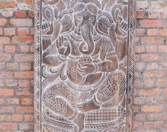 Vintage Ganesha Seated on Lotus, Hand-Carved Indian Wall Sculpture, Door Panel, Barn Door, Yoga Room, Meditation, Holistic Decor 84X36