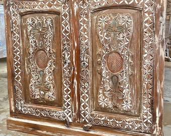 Gorgeous Antique Buffet Sideboard, Carved Doors, Whitewashed Reclaimed Old Teak Wood, Rustic Farmhouse Storage Chest, Credenza, Sideboard