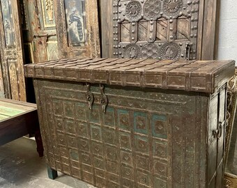 Antique Indian Trunk Chest, Teal Iron Handmade Wooden Distressed Boho Tribal Box