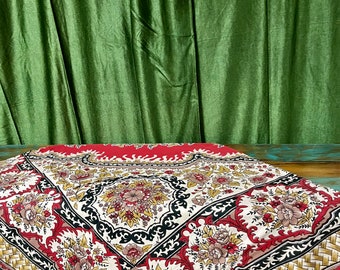 Picnic Throw, Red Brown Floral Printed Bedspread, Cotton THrow, Indian Inspired Bedding, Oriental Style Bedspread, Hand Printed Blanket