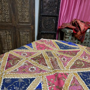 Vintage Pink Blue Decorative Indian Sari Tapestry, Beaded Tapestry, Wall Decor, Wall Hanging, Boho Style Headboard, Zardozi Bed Throw image 7